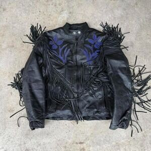 Vintage Black Leather Fringe Motorcycle Jacket with Purple Roses Zip Biker Large
